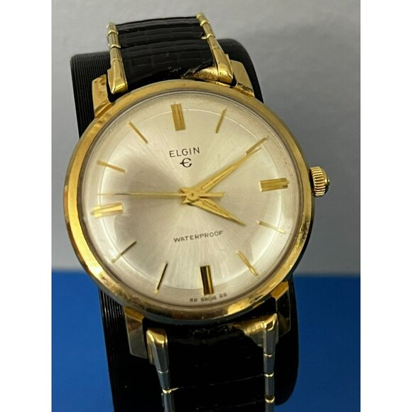 Vintage 1960s Mens Elgin Silver & Gold tone Pie Pan Dial Watch in box - Picture 3 of 16